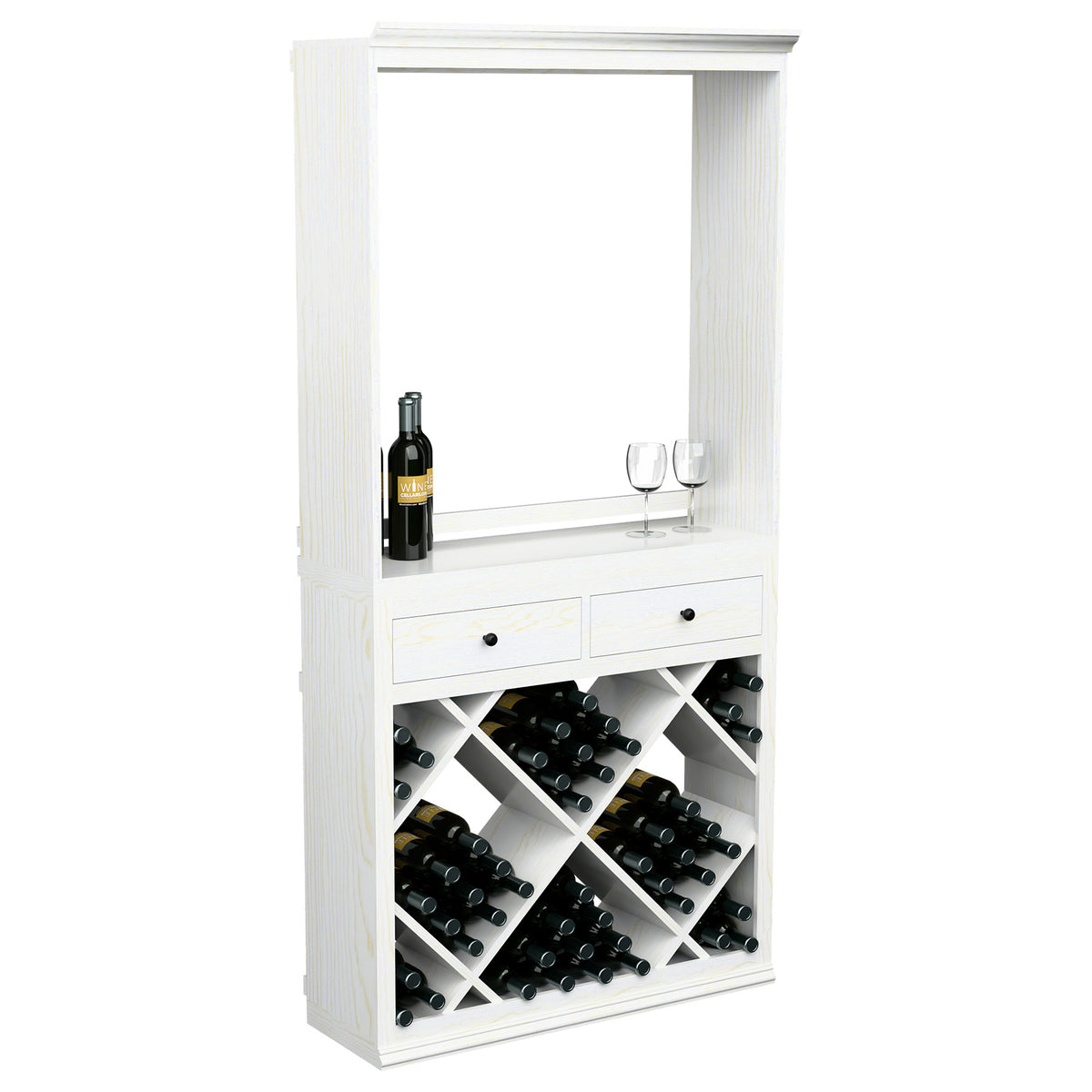 White wine tasting cabinet with top window, two drawers, and crisscross bottle storage