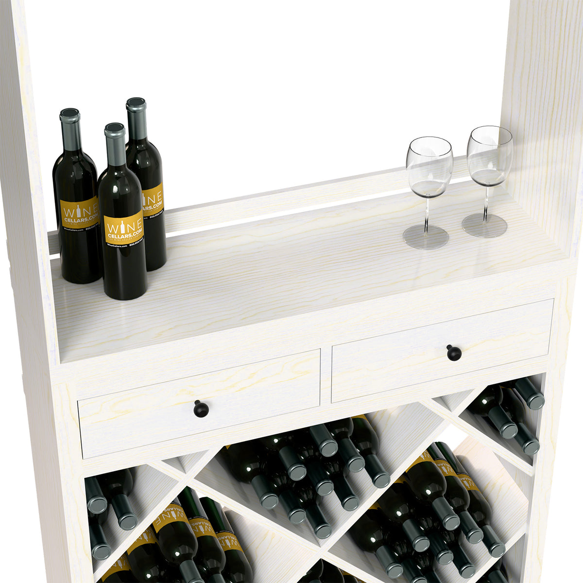 White wine tasting station with two drawers, open bottle racks, and three bottles plus glasses