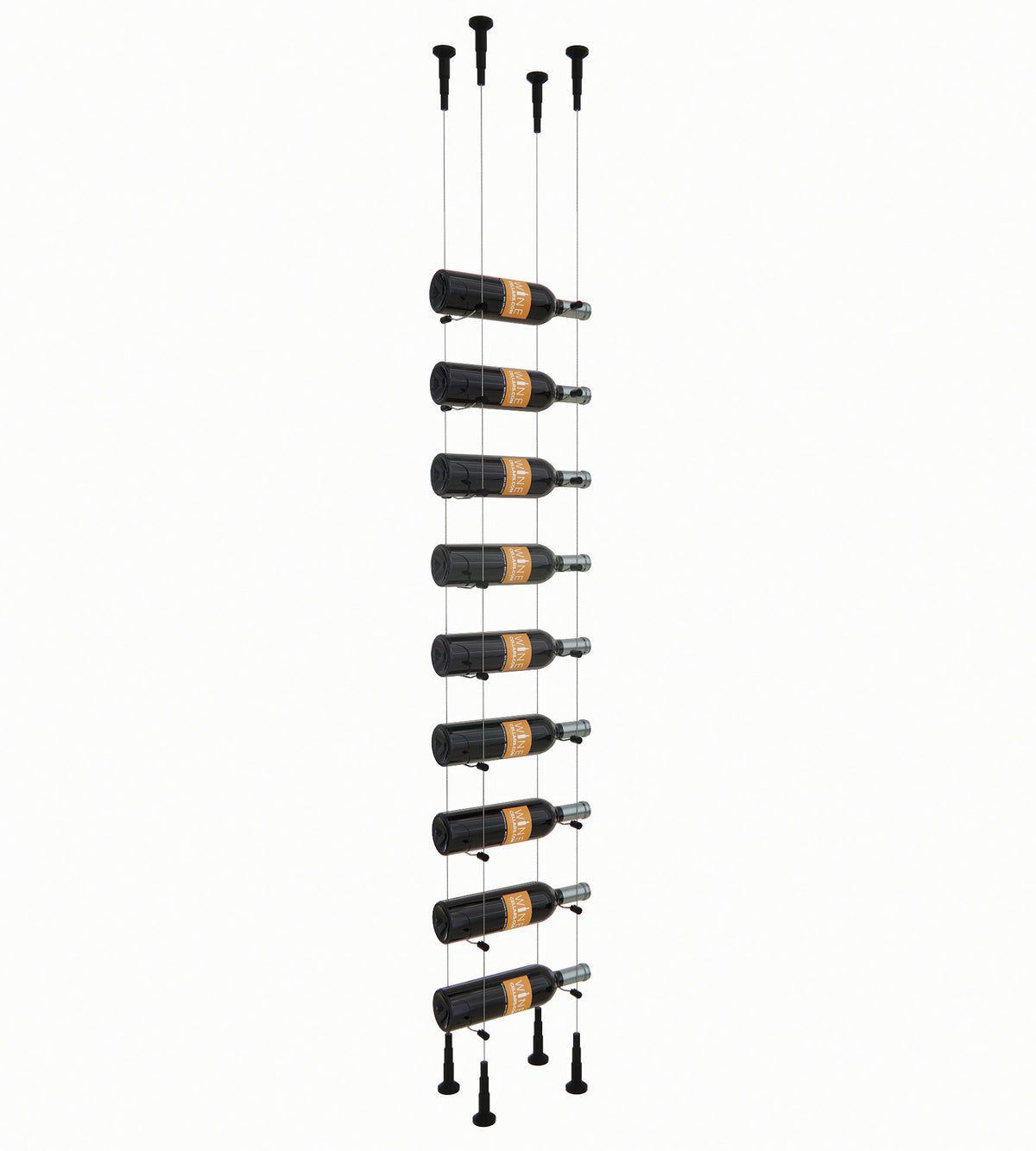 9-bottle wine rack with dark holders and black bottle pegs