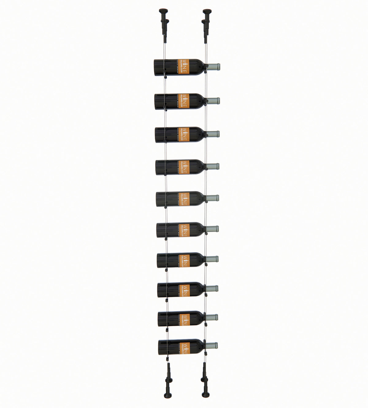 Cable wine rack for 10 bottles with black posts and bottle cradle arms