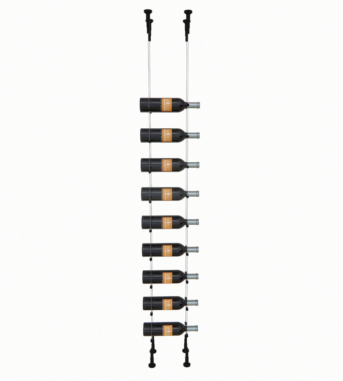9-bottle wine rack with black holders and black bottle pegs