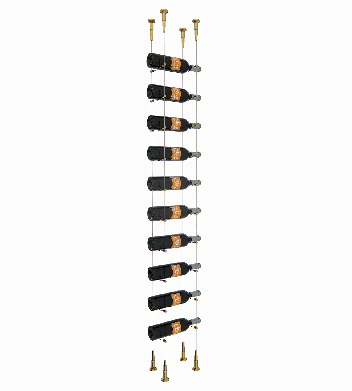 Cable wine rack for 10 bottles with gold posts and bottle cradle arms
