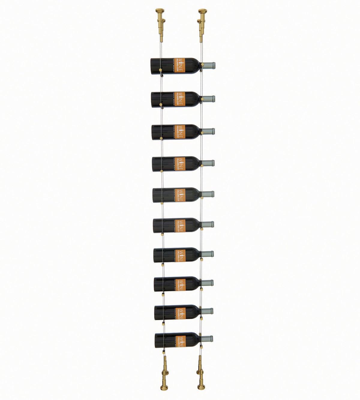 Cable wine rack for 10 bottles with gold posts and bottle cradle arms