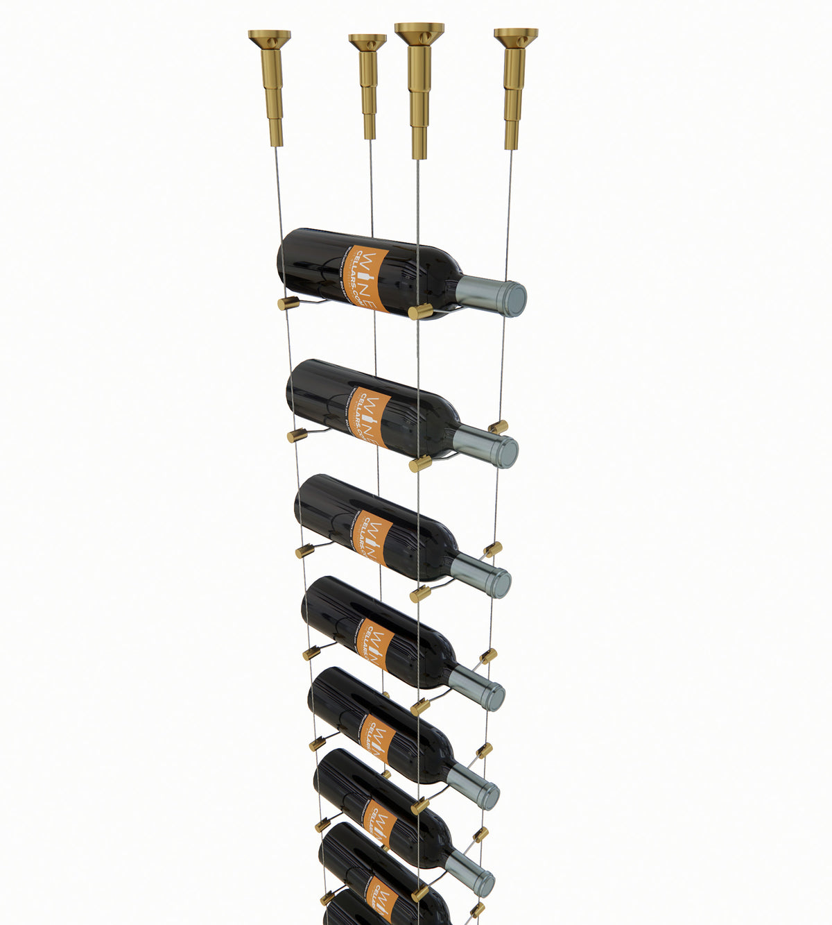 10-bottle cable wine rack with golden bronze hardware and hanging wine bottles
