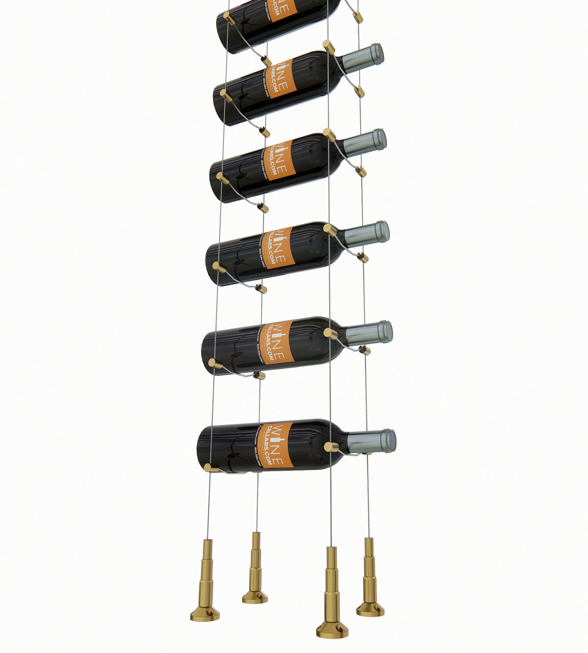 10-bottle cable wine rack with golden hardware and hanging wine bottles