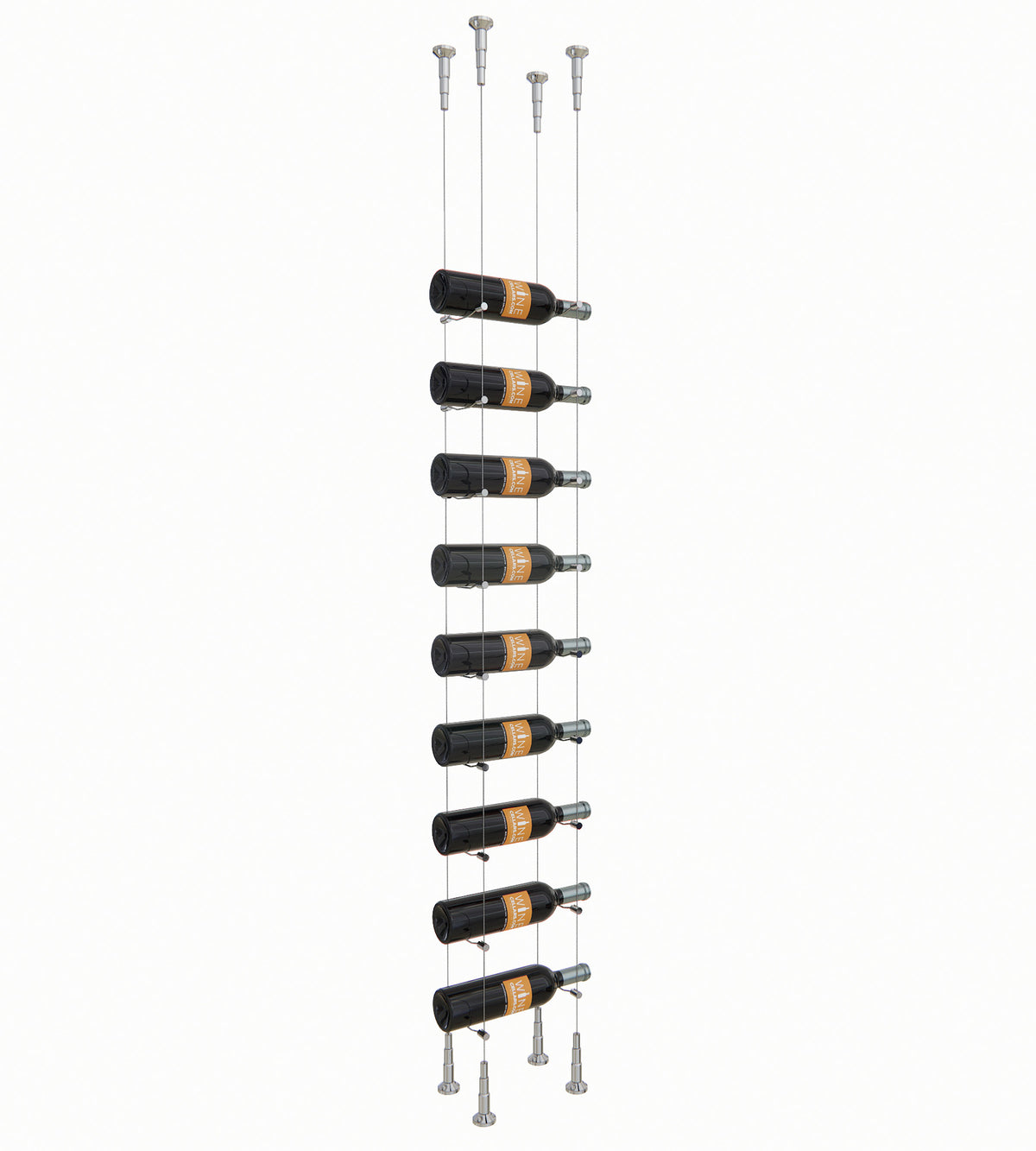 9-bottle wine rack with dark holders and chrome bottle pegs