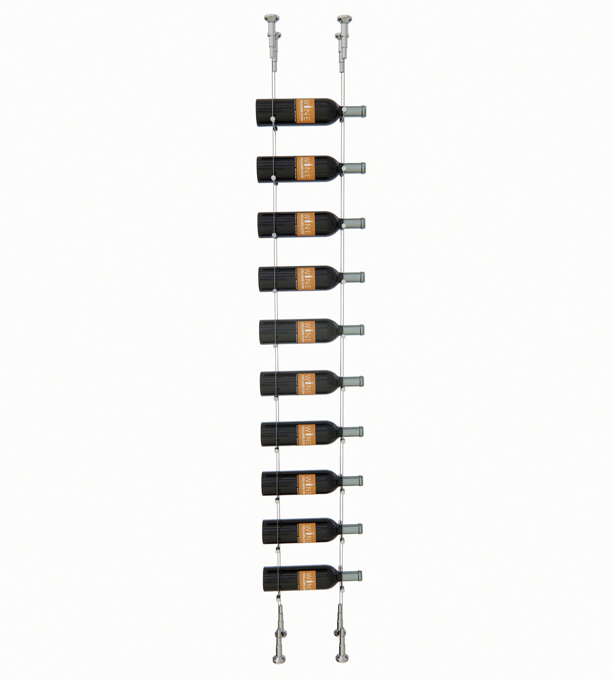 Cable wine rack for 10 bottles with silver posts and bottle cradle arms