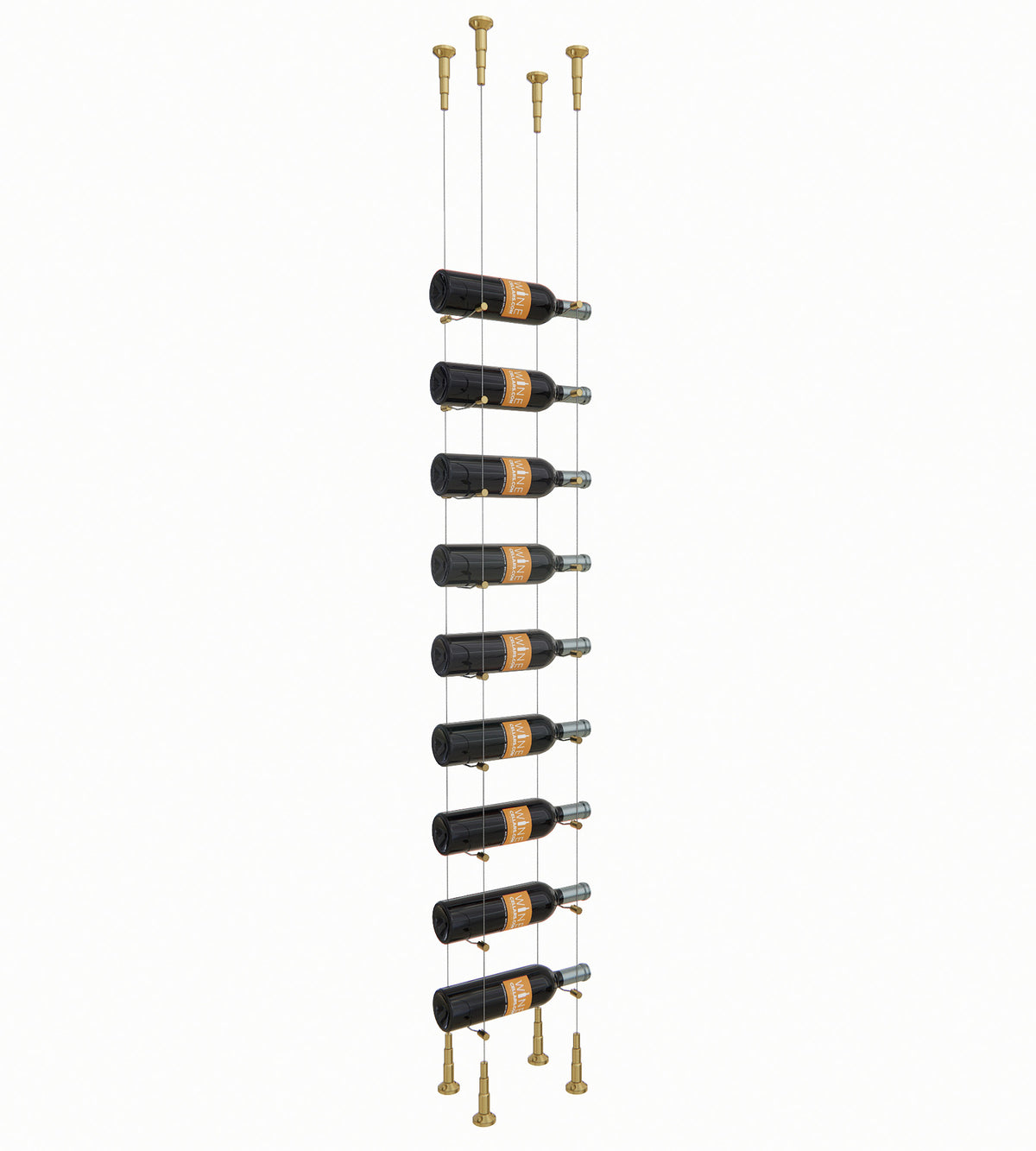 9-bottle wine rack with dark bottle holders and golden bronze bottle pegs