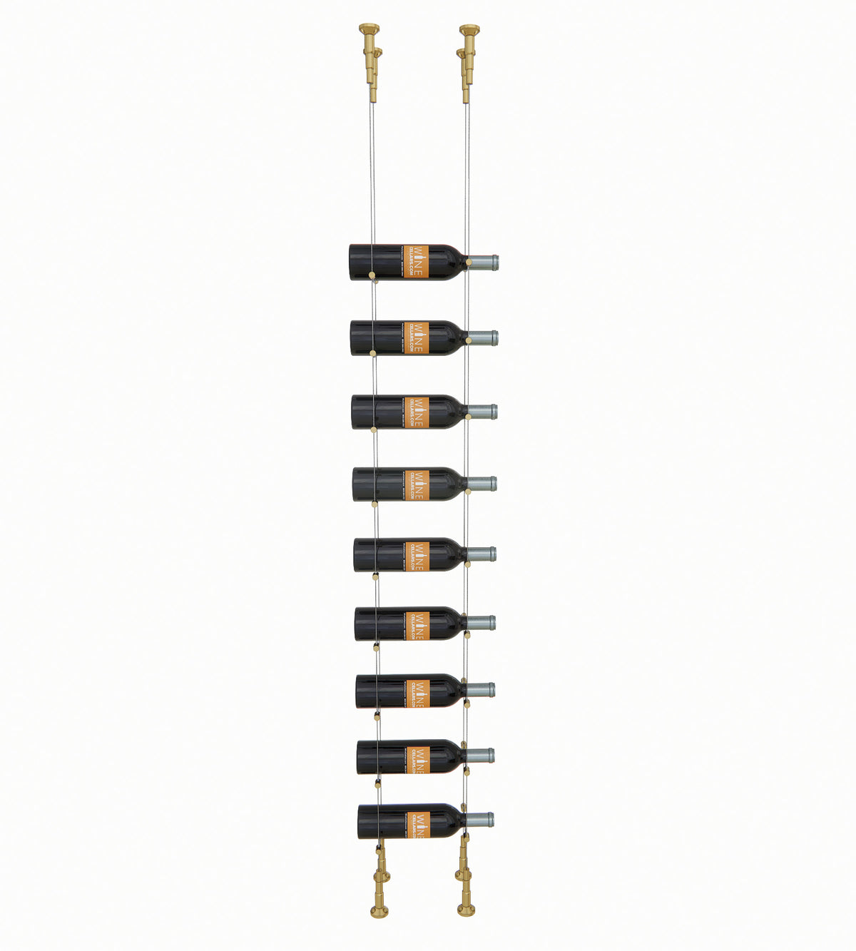 9-bottle wine rack with dark holders and golden bronze standing bottle pins