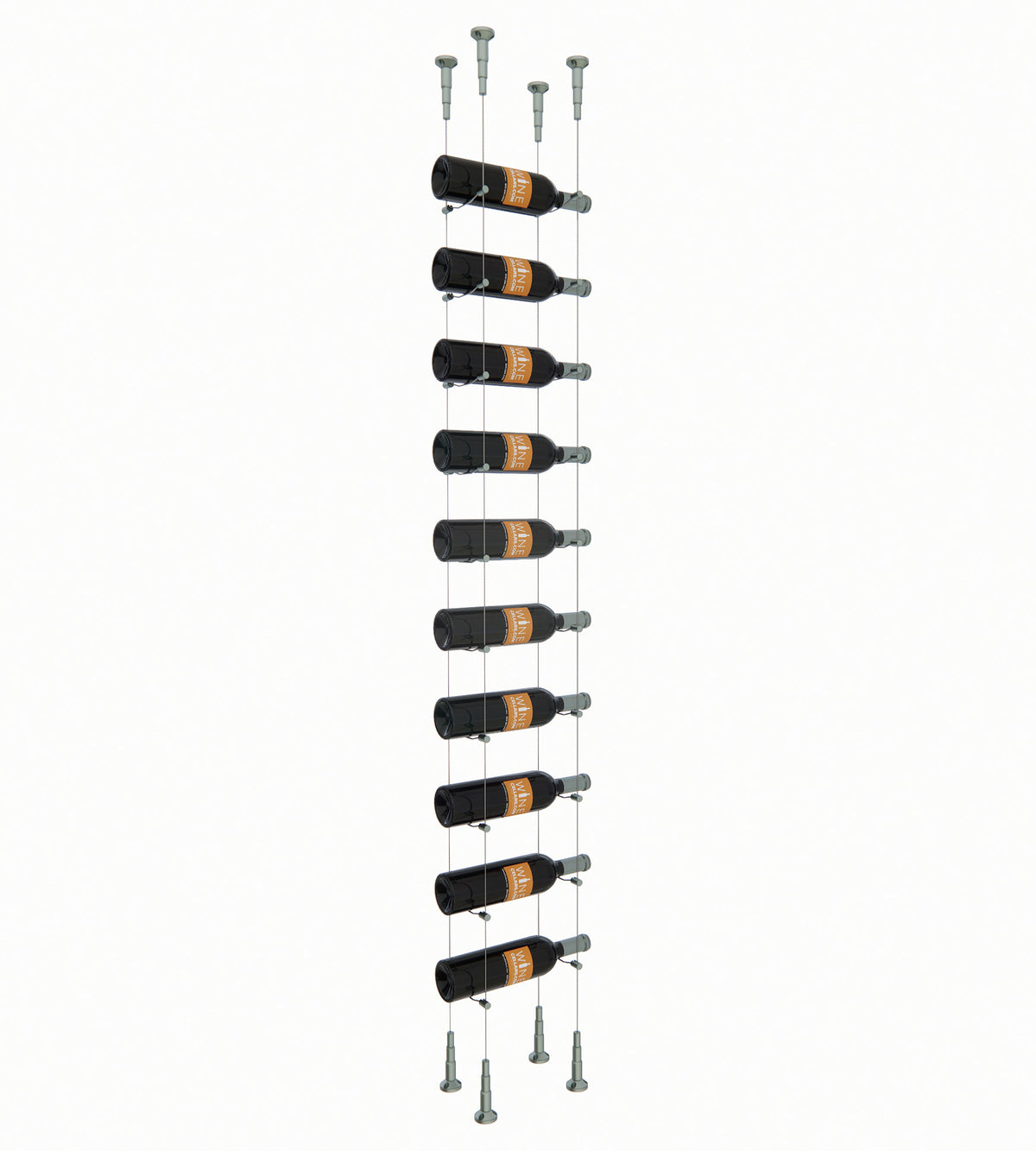 Cable wine rack for 10 bottles with silver posts and bottle cradle arms