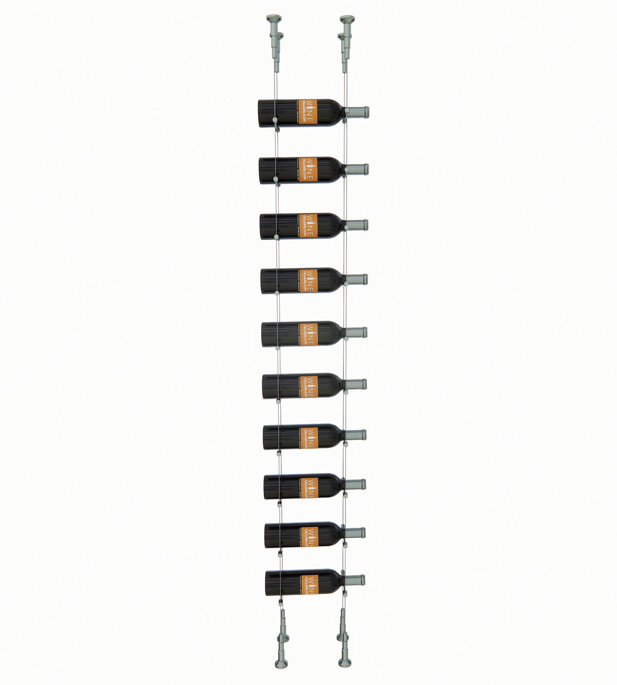 Cable wine rack for 10 bottles with silver posts and bottle cradle arms