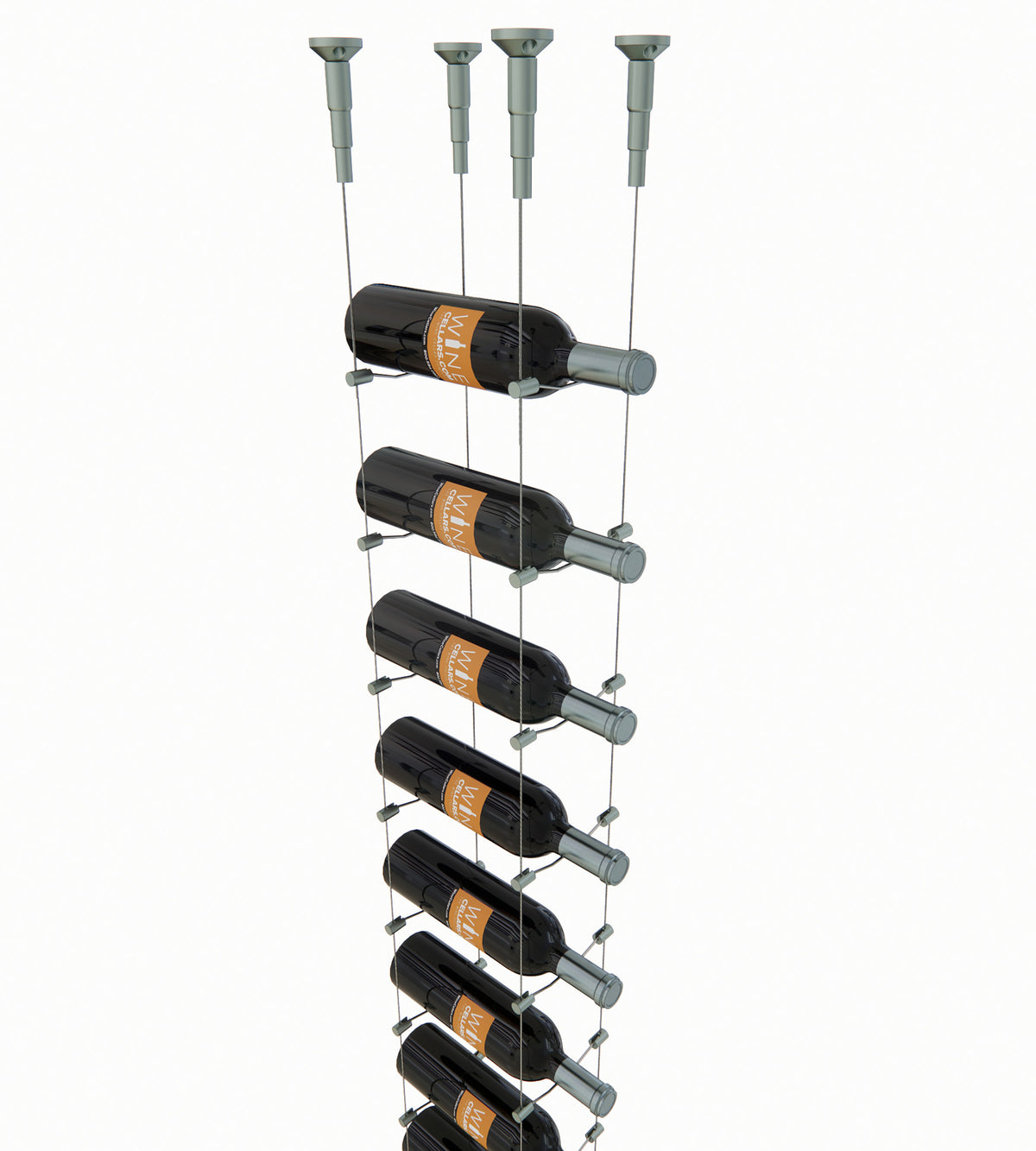 10-bottle cable wine rack with silver hardware and hanging wine bottles