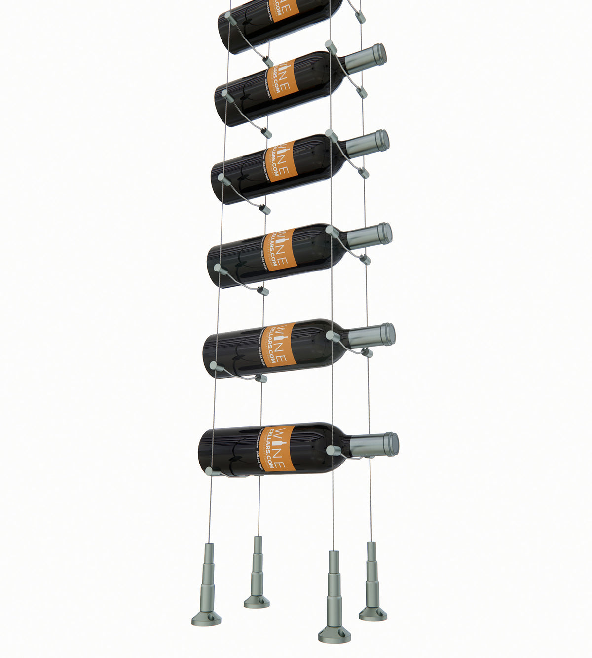 10-bottle cable wine rack with hanging cradles and silver posts