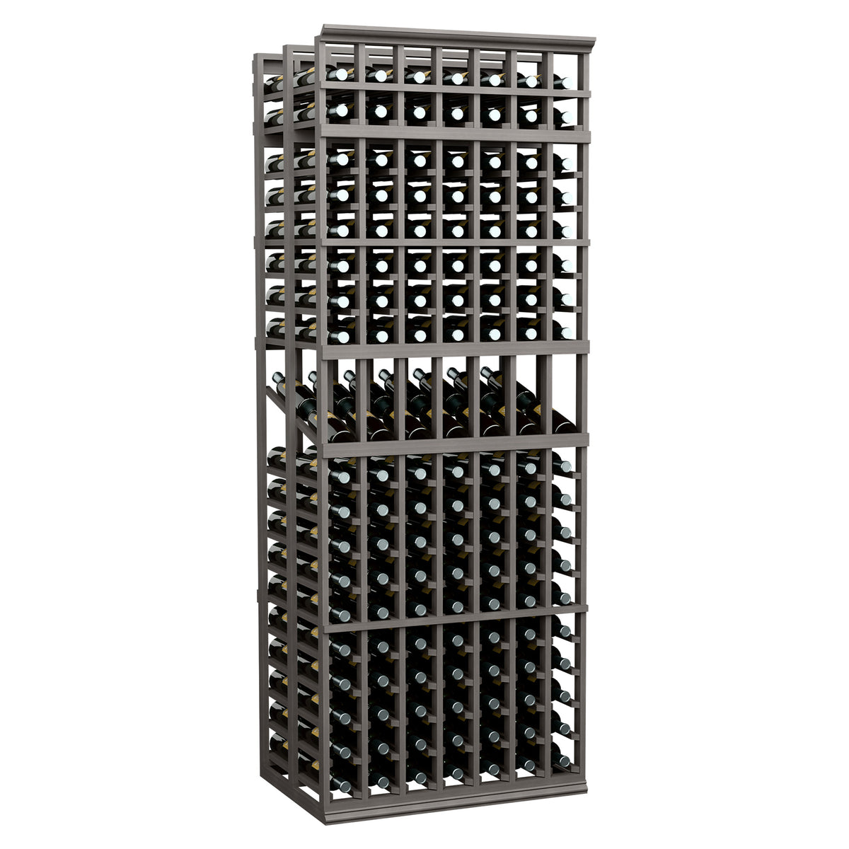 Wine bottle display rack with dark gray frame and two levels of bottle slots
