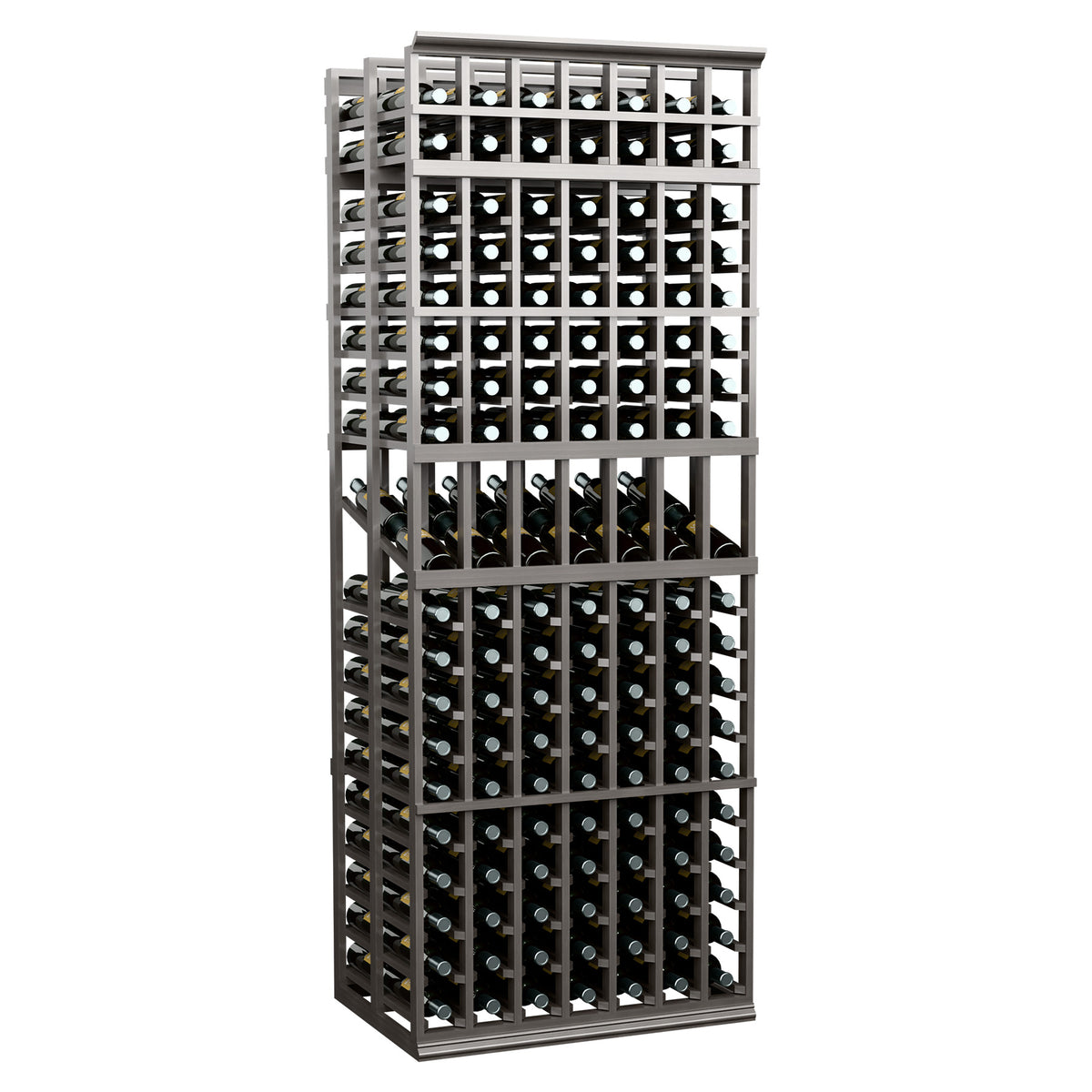 Wine bottle display rack with dark gray frame and filled upper and lower bottle rows