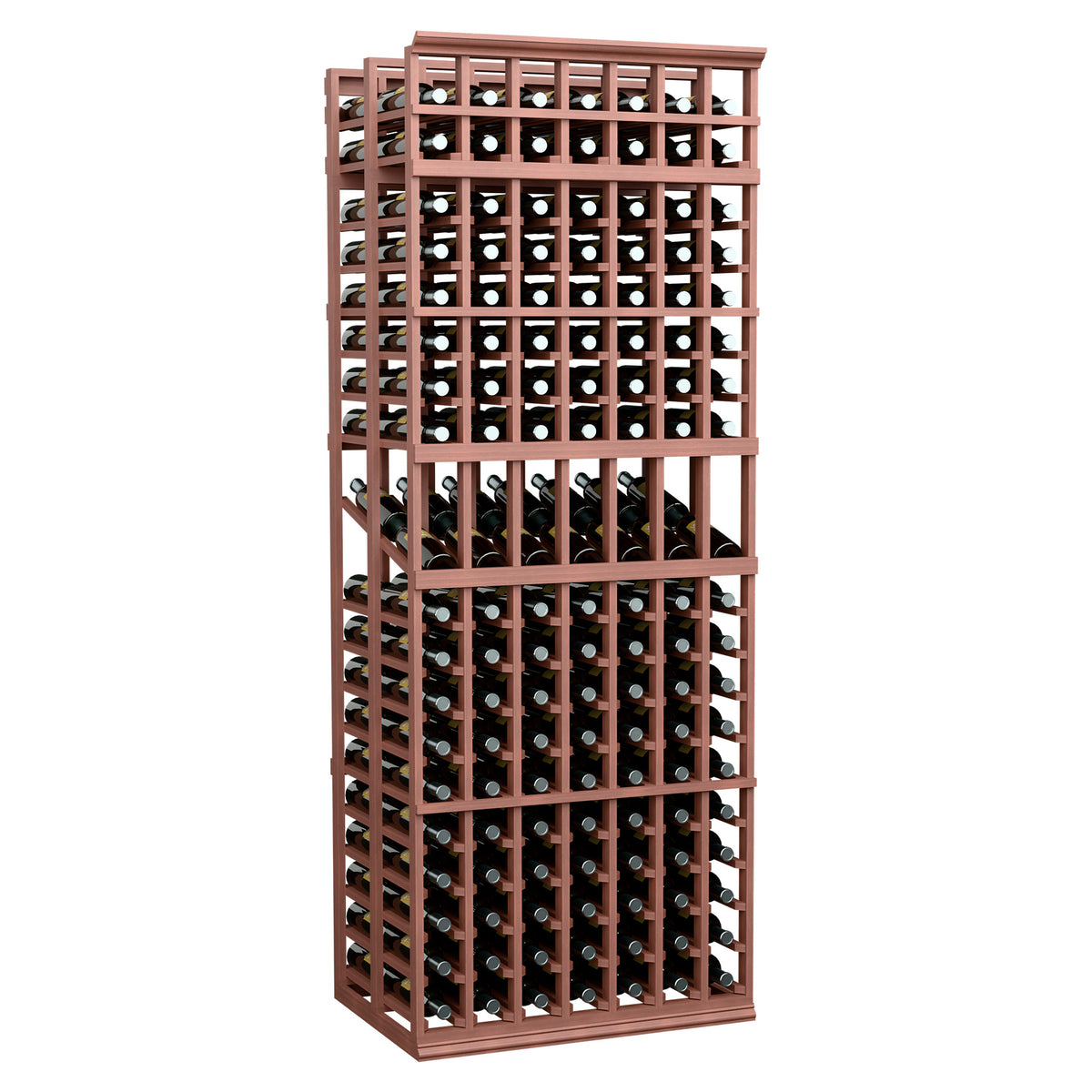 Wine bottle display rack with warm reddish-brown frame and two levels of bottle slots