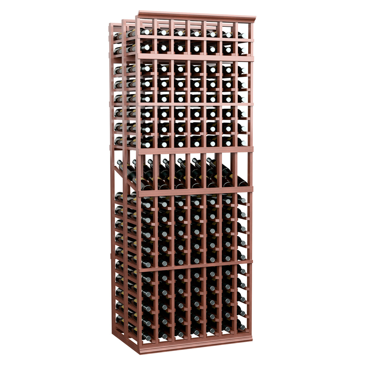 Wine bottle display rack with reddish-brown frame and filled upper and lower bottle sections