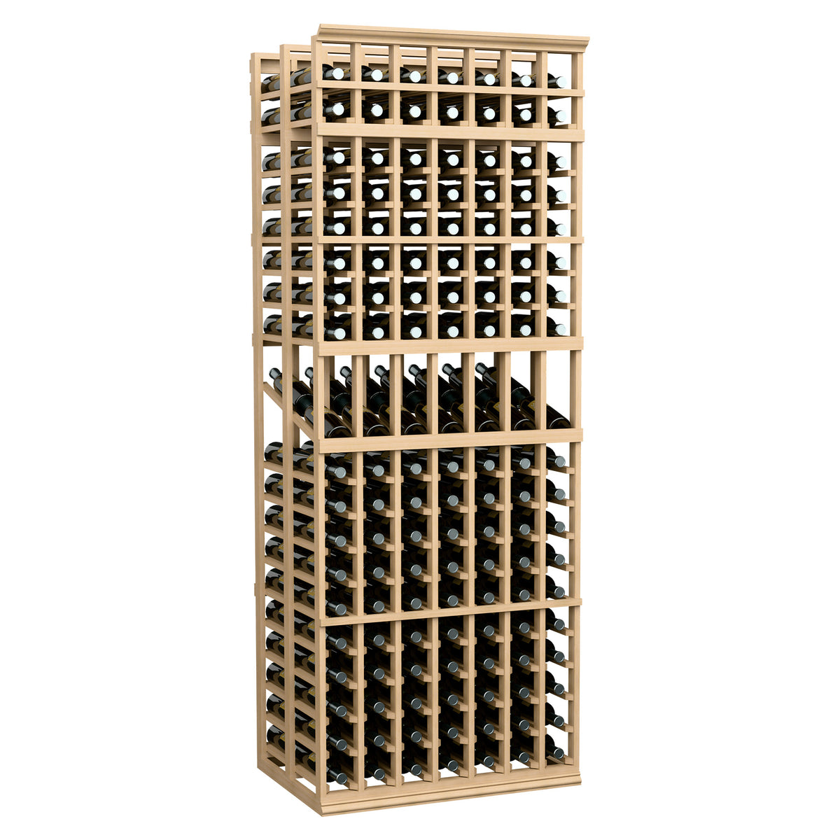 Wine bottle display rack with light natural wood frame and two levels of bottle slots