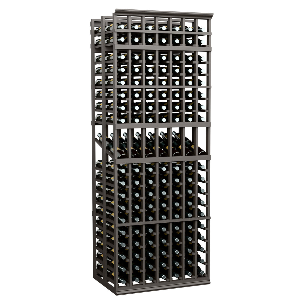 Wine bottle display rack with dark gray frame and two levels of bottle slots