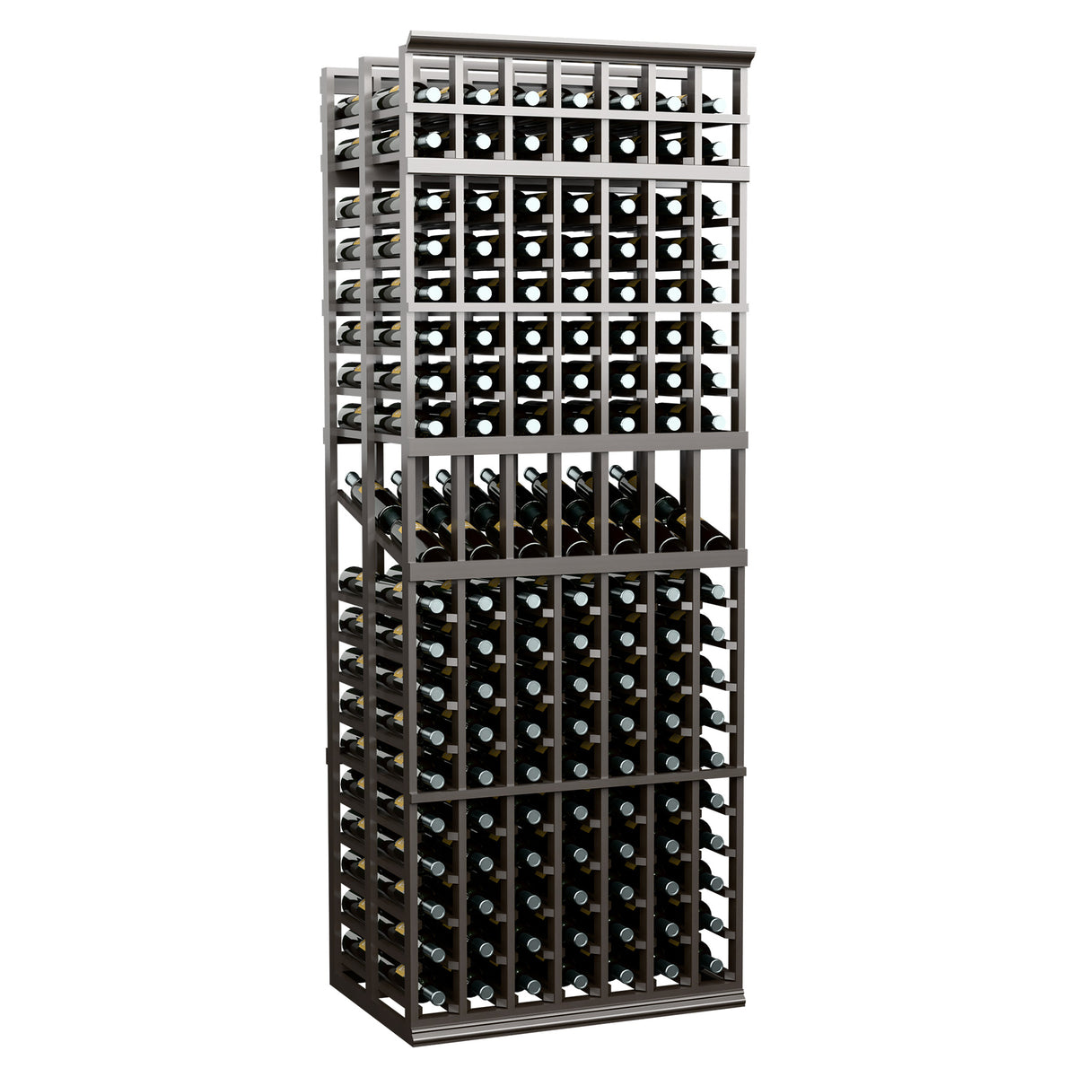 Wine bottle display rack with dark gray frame and filled upper and lower bottle sections