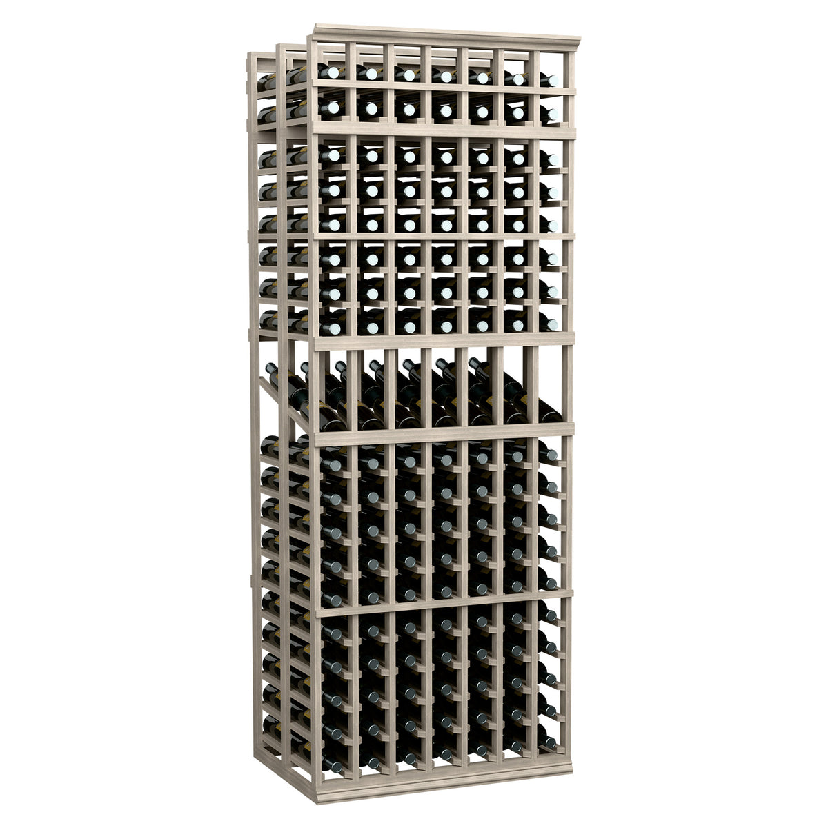 7-column double deep wine display rack with dark wine slots and light frame