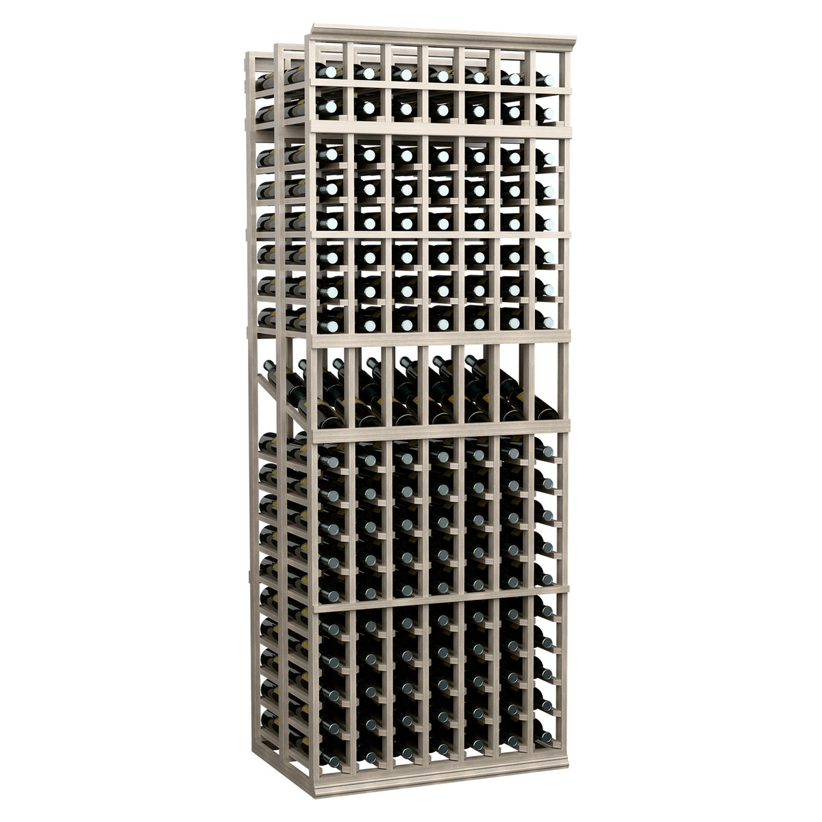 7-column double deep wine display rack with dark wine bottles and pale frame