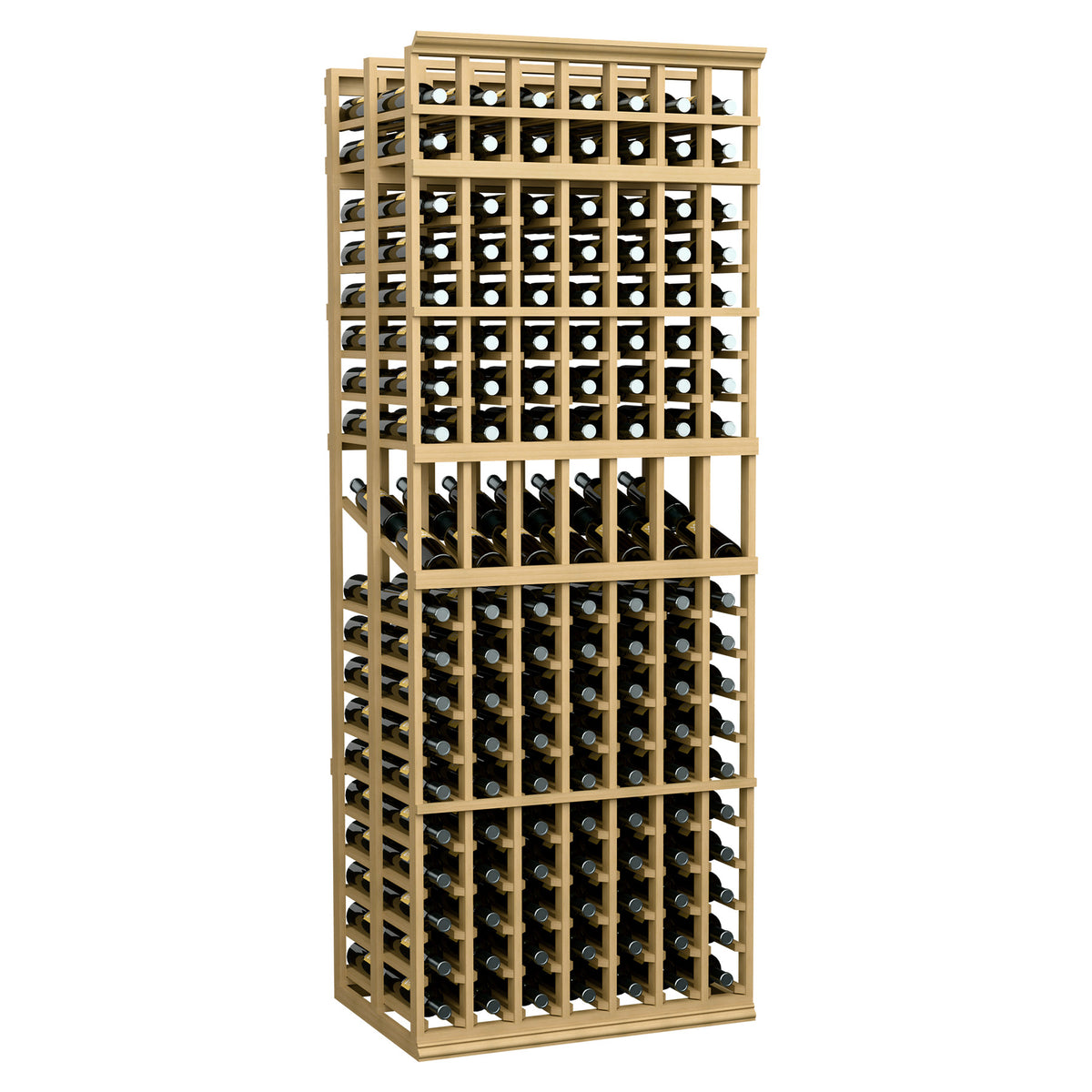 7-column double deep wine display rack with clear wine bottles and honey wood frame
