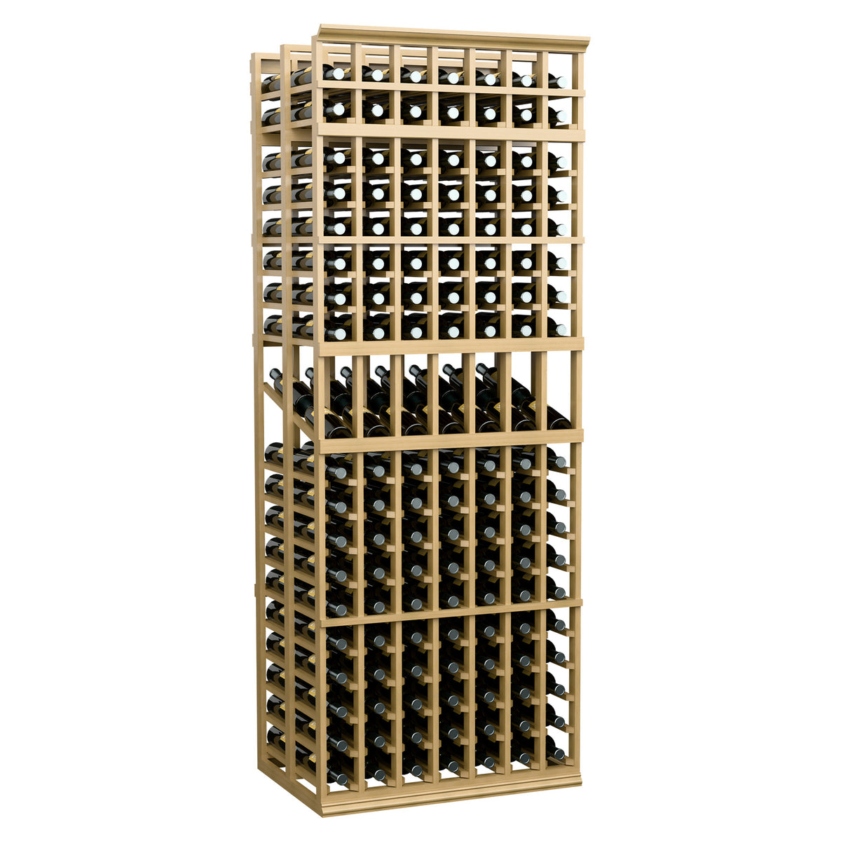 7-column double deep wine display rack with clear wine bottles and light wood frame