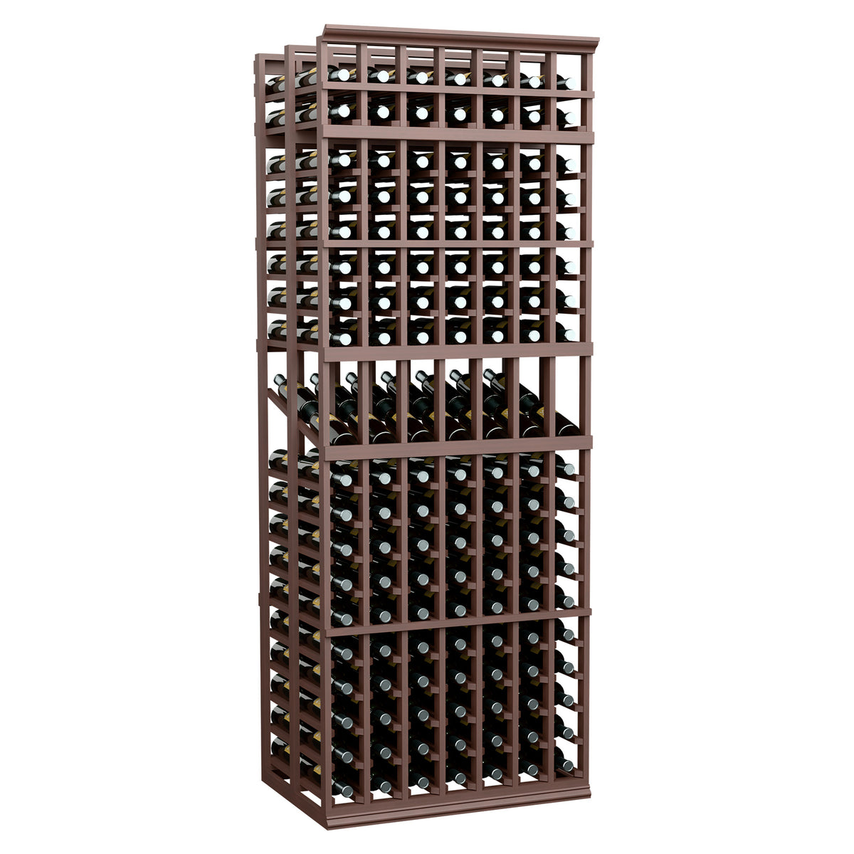7-column double deep wine display rack with dark wine bottles and walnut-brown frame
