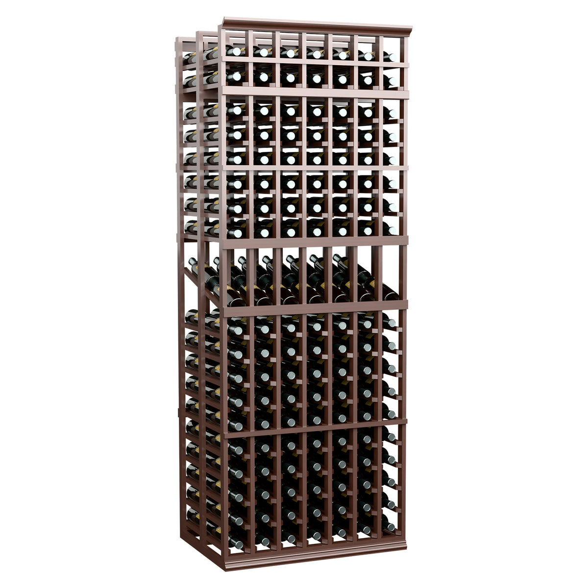 7-column double deep wine display rack with dark wine bottles and espresso-brown frame