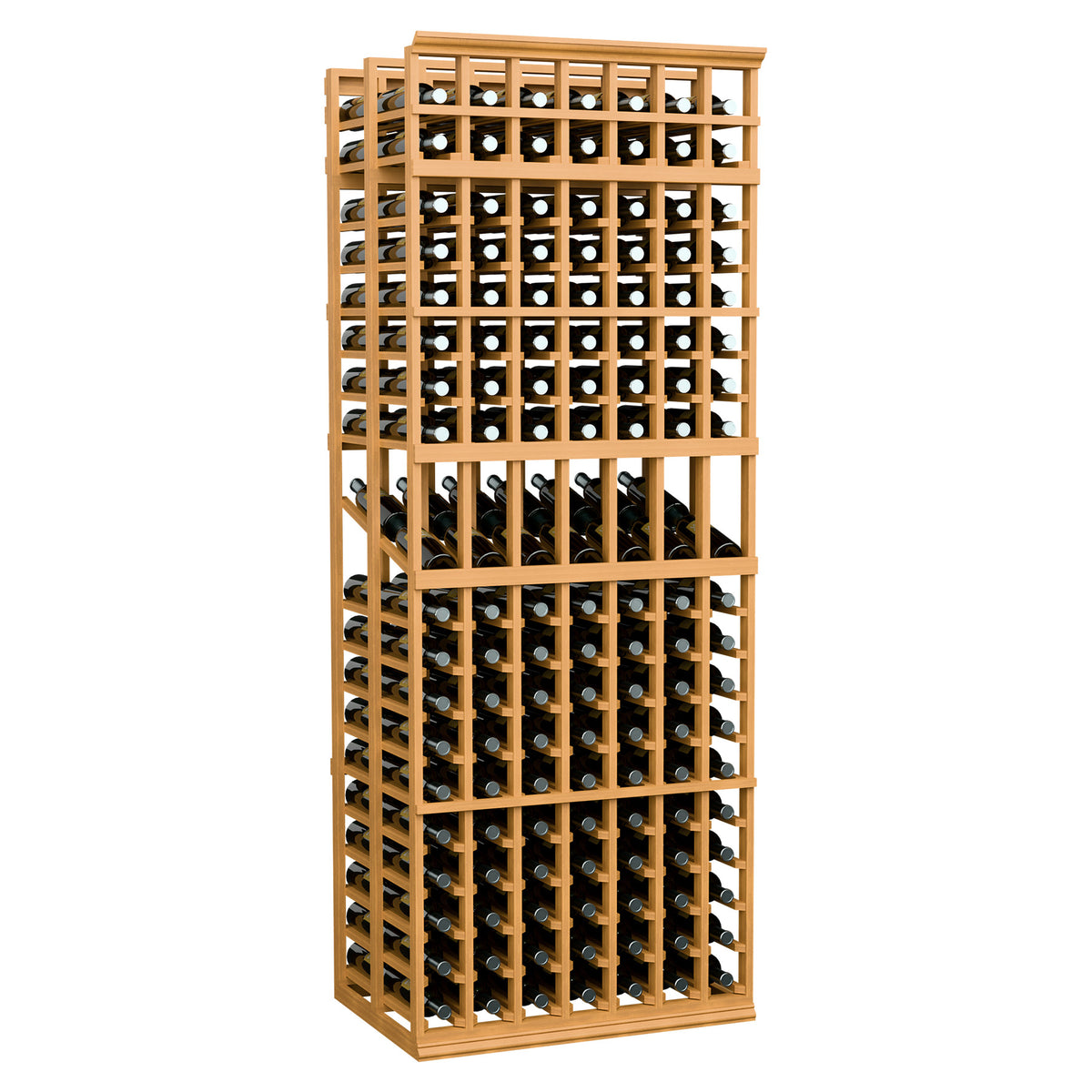 7-column double deep wine display rack with clear wine bottles and natural wood frame