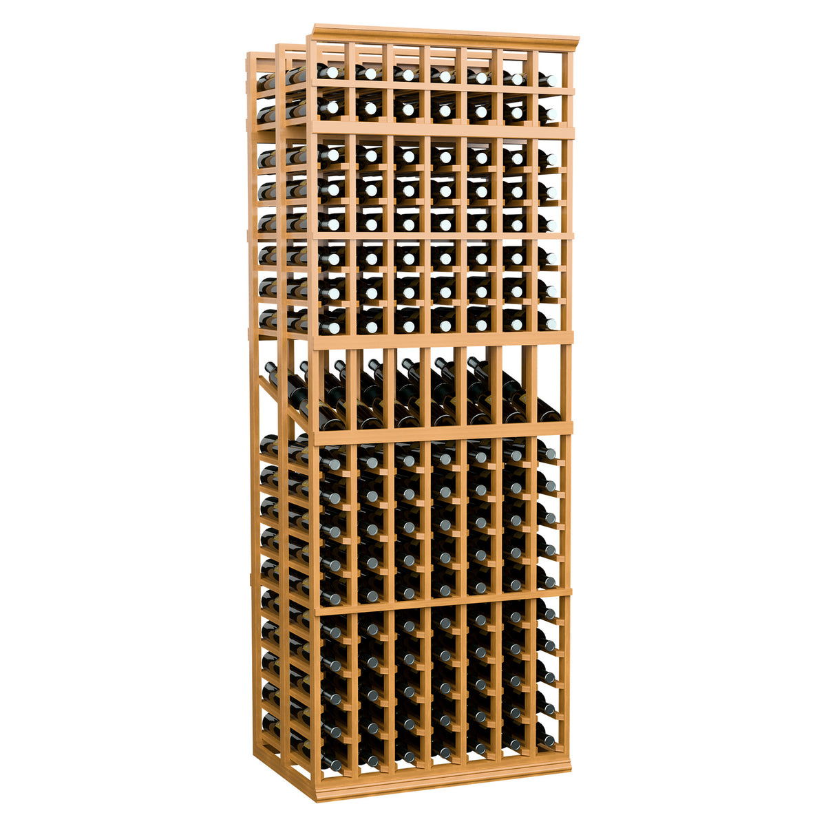 7-column double deep wine display rack with clear wine bottles and warm wood frame