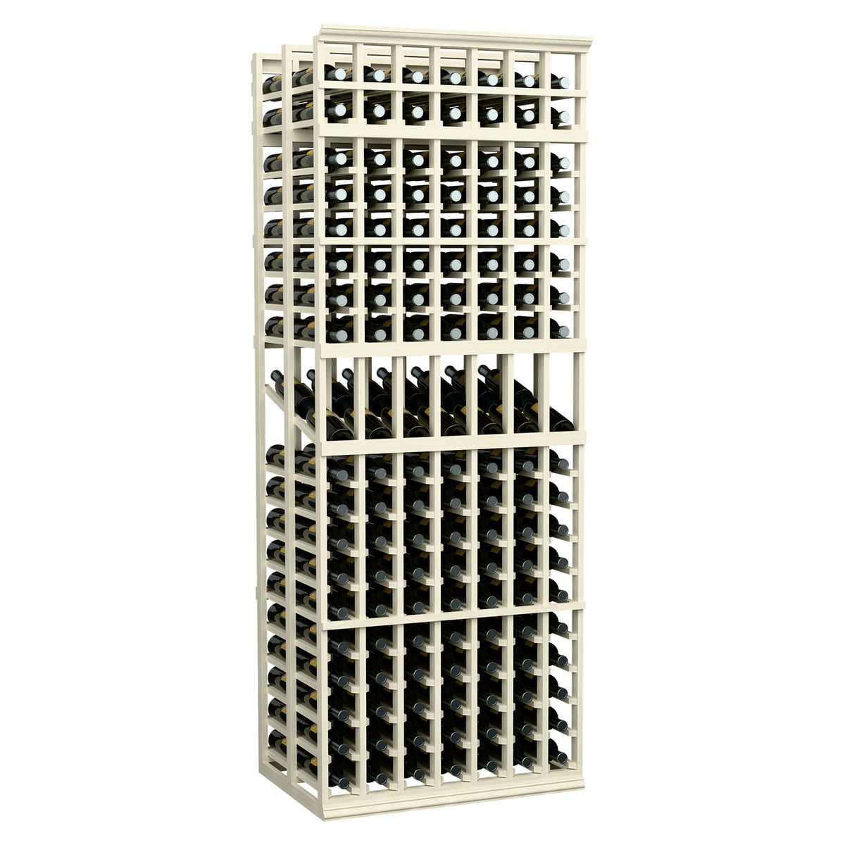 7-column double deep wine display rack with dark wine slots and whitewashed frame