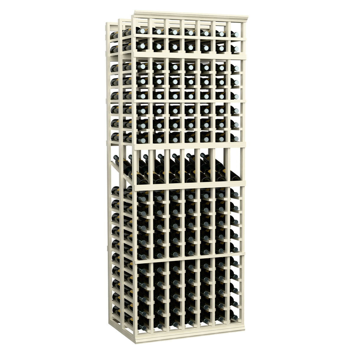 7-column double deep wine display rack with dark wine bottles and white frame
