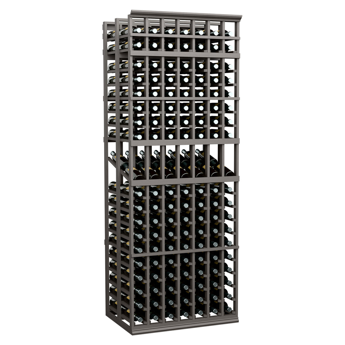 Double-deep wine display rack with 7 columns, dark frame, bottle-slot grid