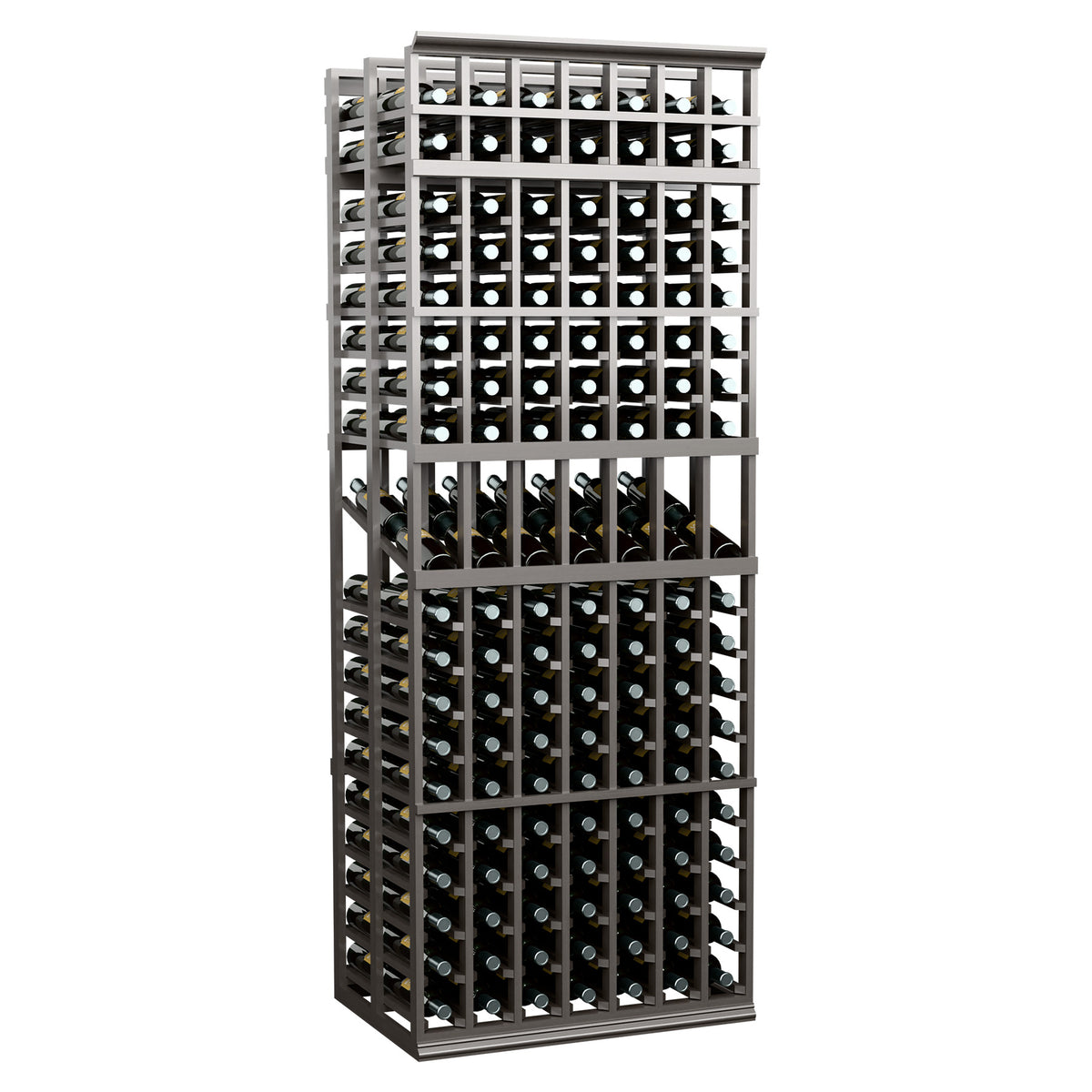Double-deep wine display rack with 7 columns, dark frame, front bottle-slot grid