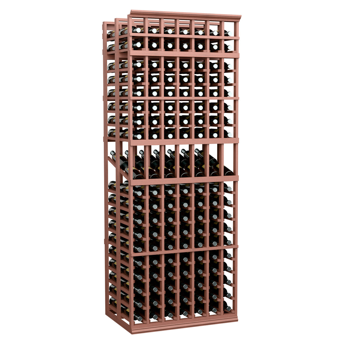 Double-deep wine display rack with 7 columns, reddish wood frame, bottle-slot grid