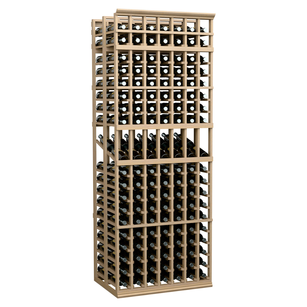 Double-deep wine display rack with 7 columns, light wood frame, bottle-slot grid