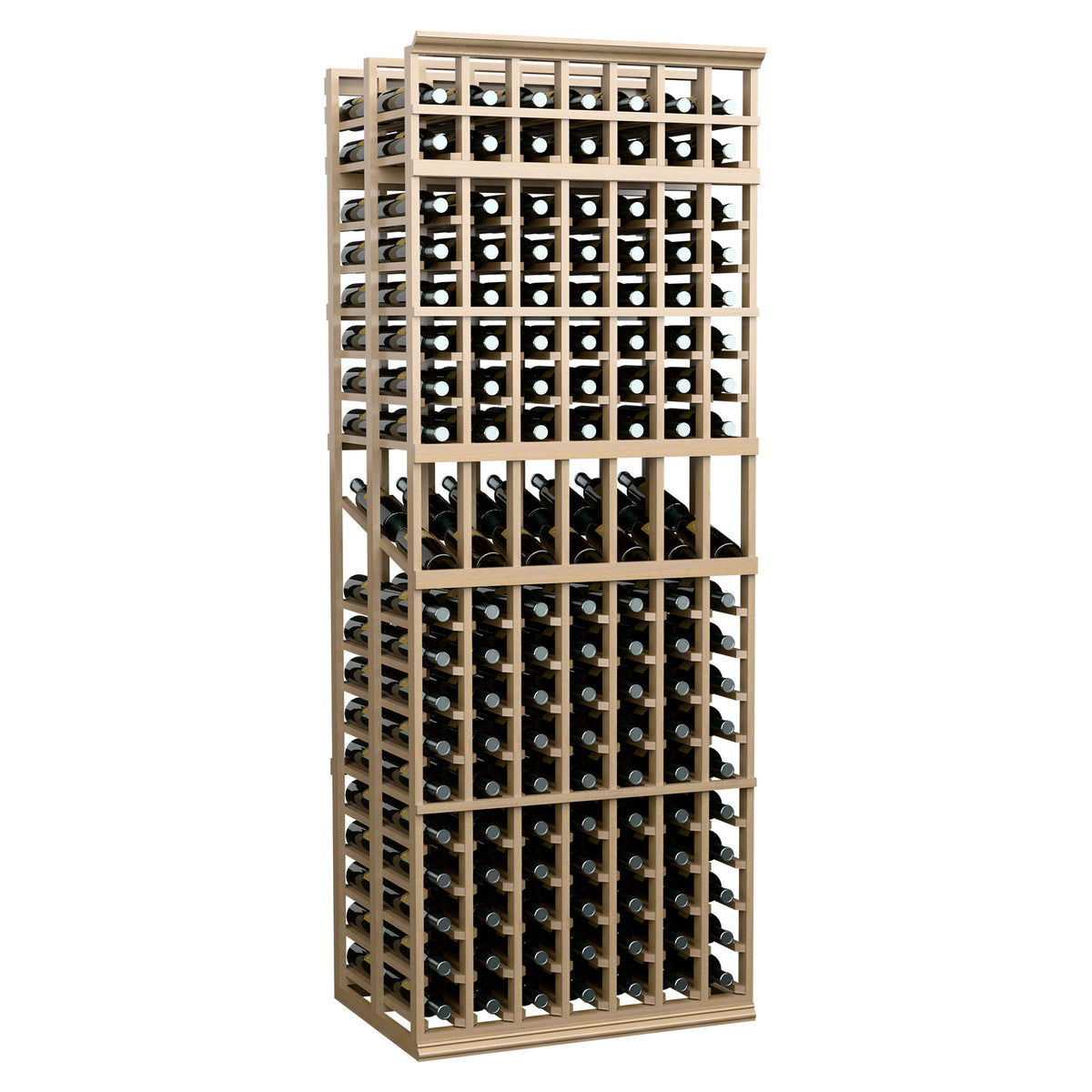 Double-deep wine display rack with 7 columns, light wood frame, front bottle-slot grid