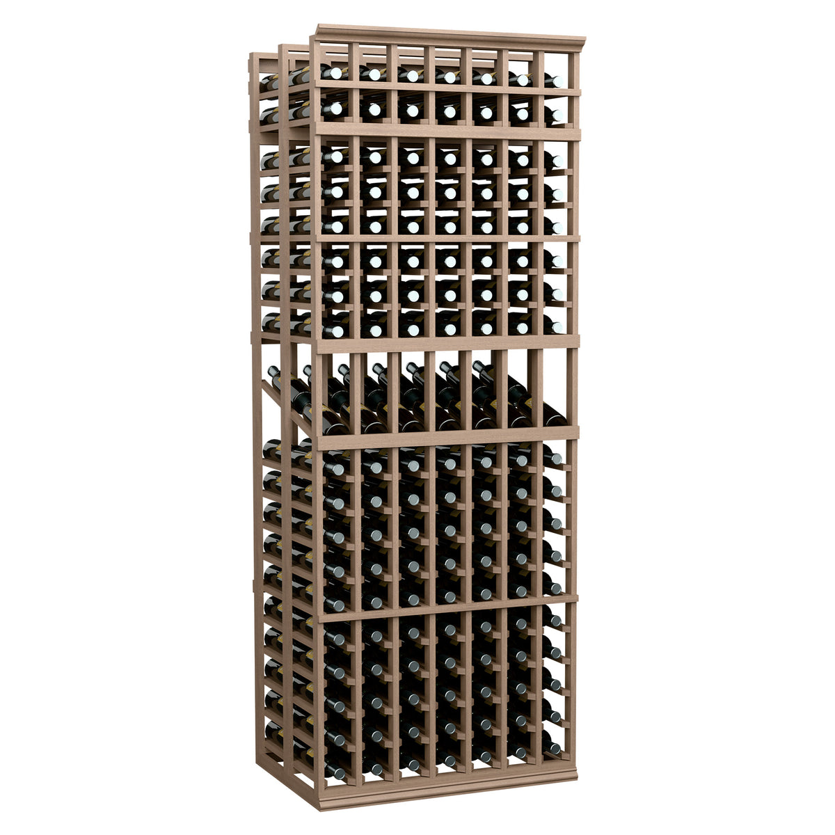 Double-deep wine display rack with 7 columns, beige wood frame, bottle-slot grid