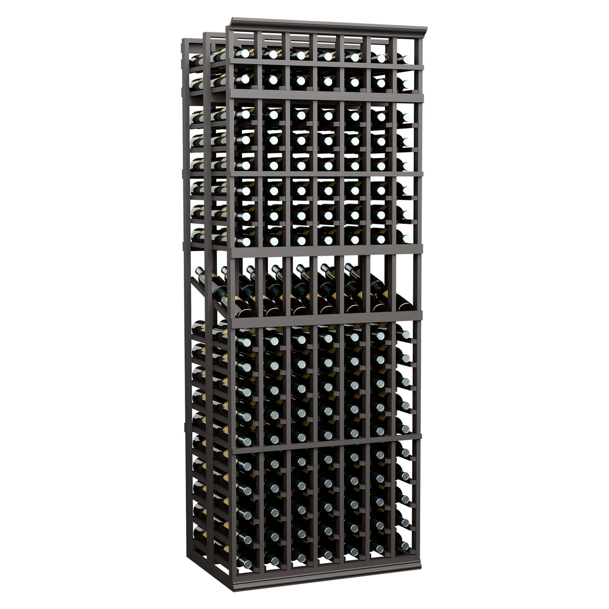 Double-deep wine display rack with 7 columns, dark frame, bottle-slot grid
