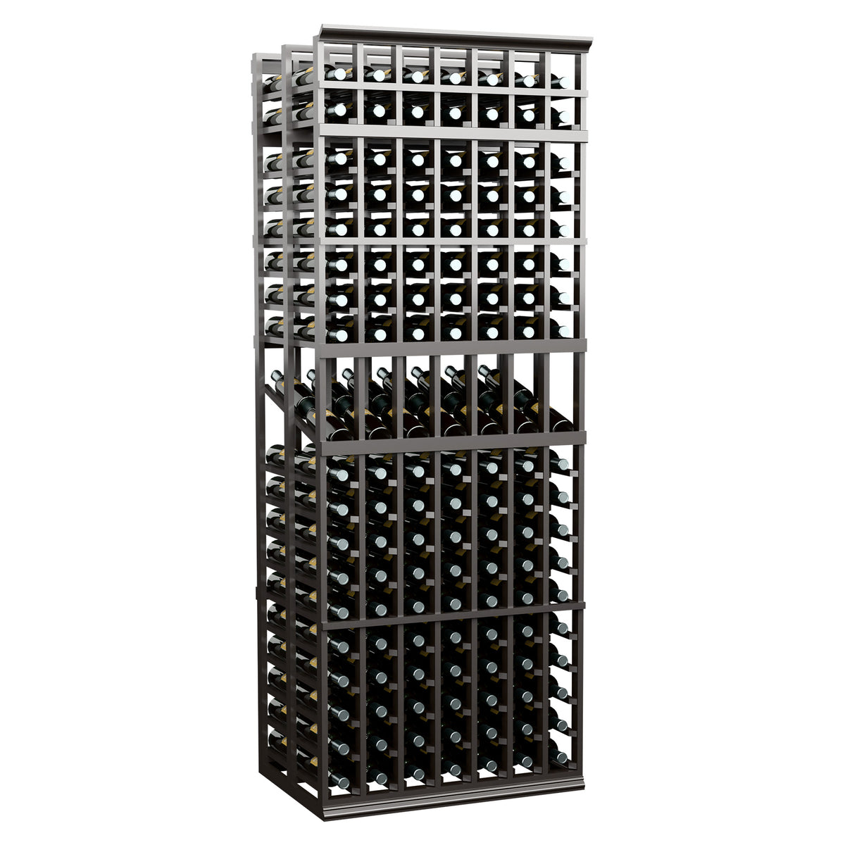 Double-deep wine display rack with 7 columns, dark frame, front bottle-slot grid