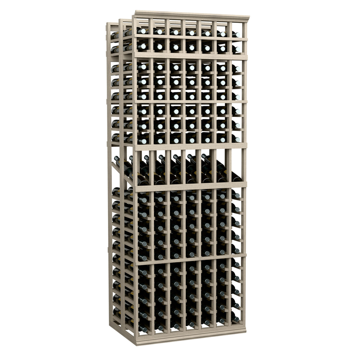 7-column double-deep display rack with gray-stained frame and bottle cubby grid