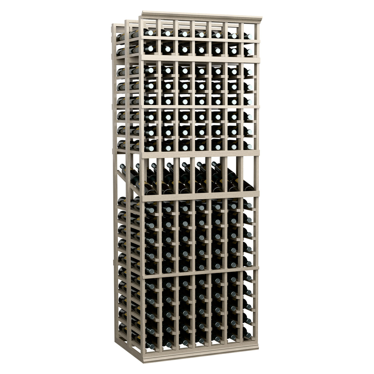 7-column double-deep display rack with gray-stained frame and glass-bottle slots