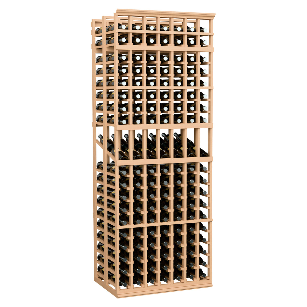 7-column double-deep display rack with light wood frame and bottle display grid