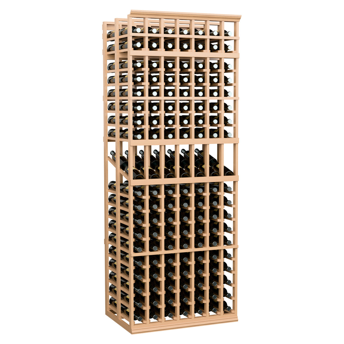 7-column double-deep display rack with light wood frame and front row bottle openings