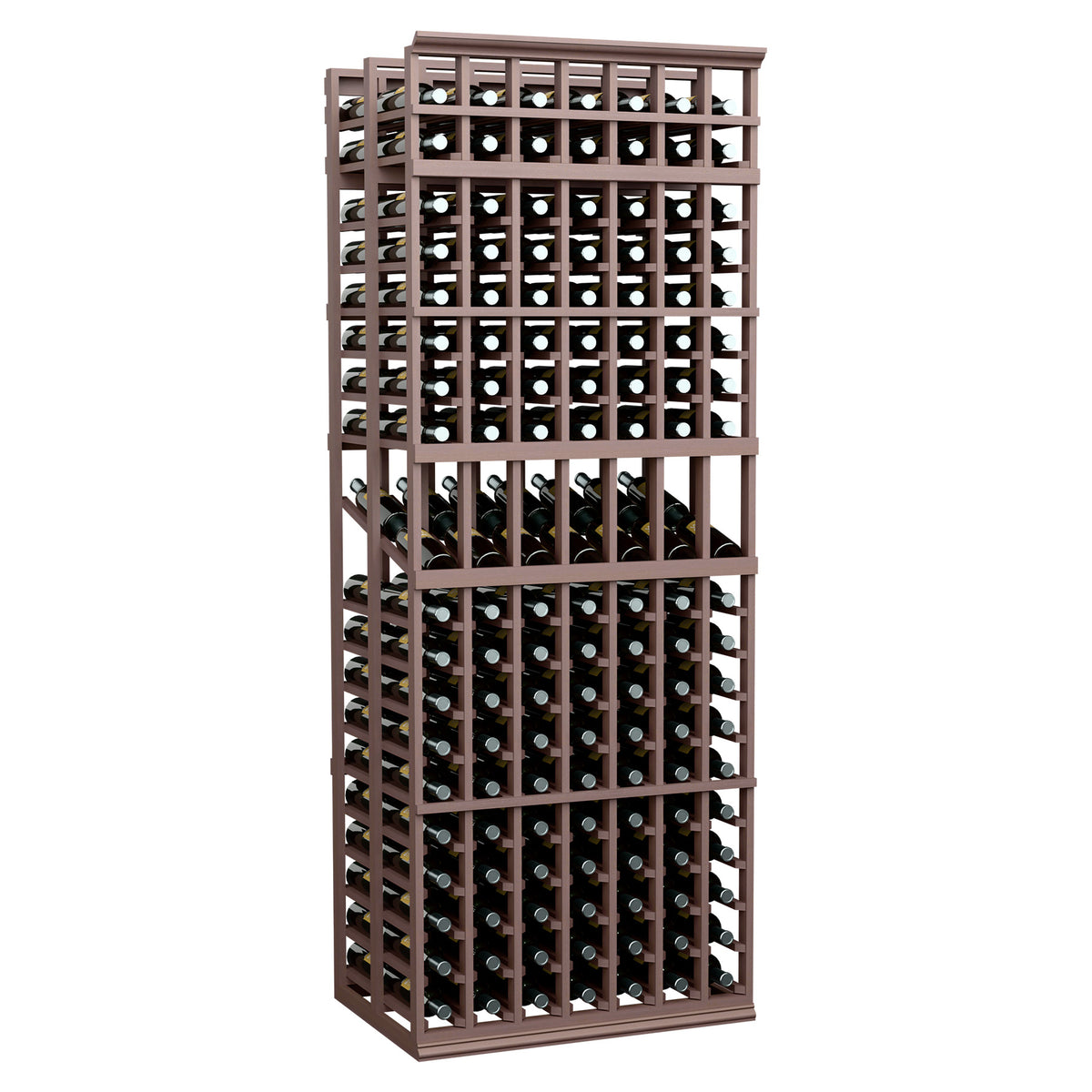 7-column double-deep display rack with dark brown stained frame and bottle cubbies