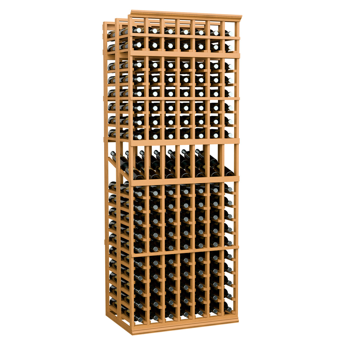 7-column double-deep display rack with natural honey-toned wood frame and bottle grid
