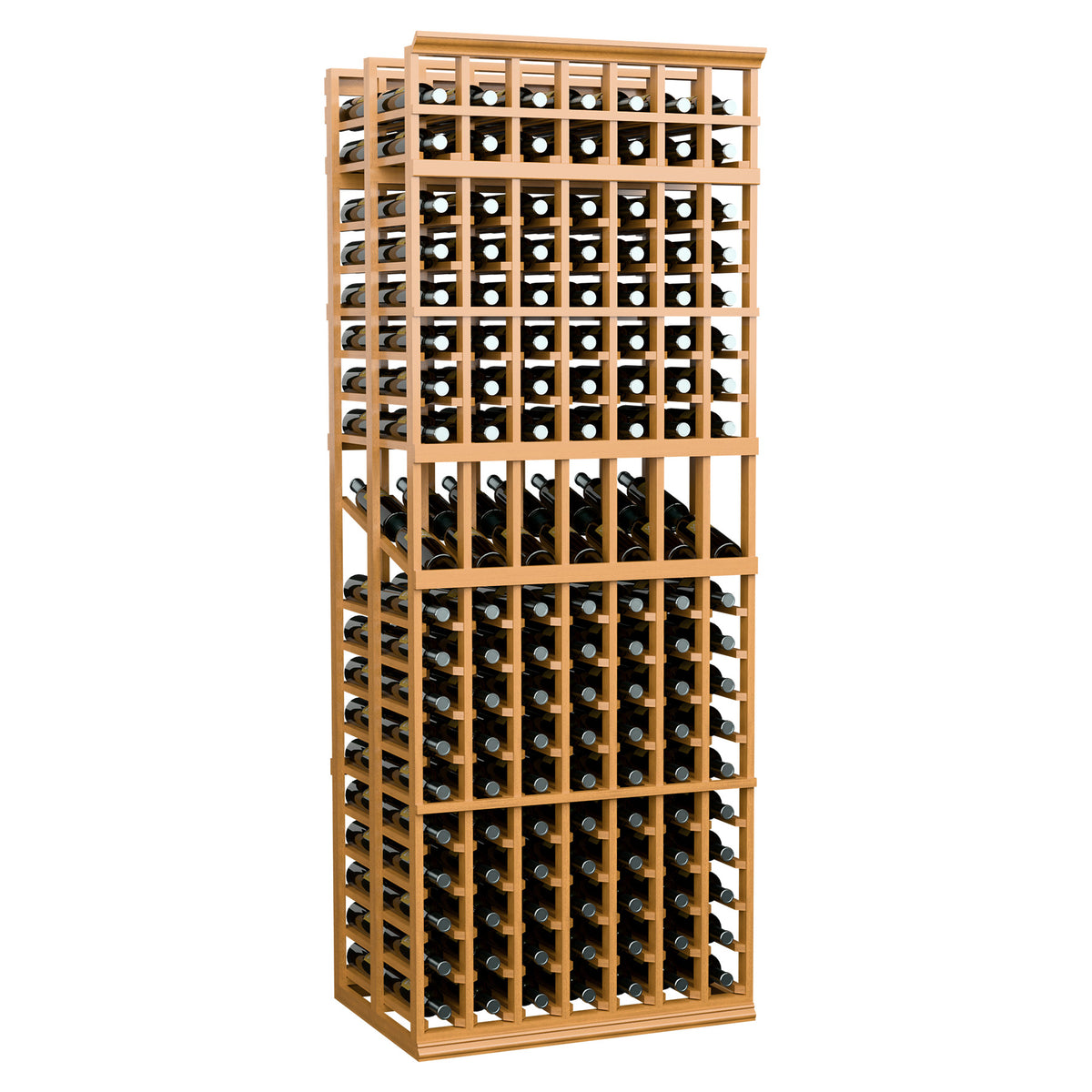 7-column double-deep display rack with honey-colored wood frame and bottle display cubbies