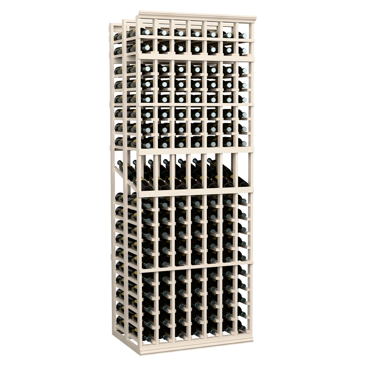 7-column double-deep display rack with whitewashed frame and bottle cubby grid
